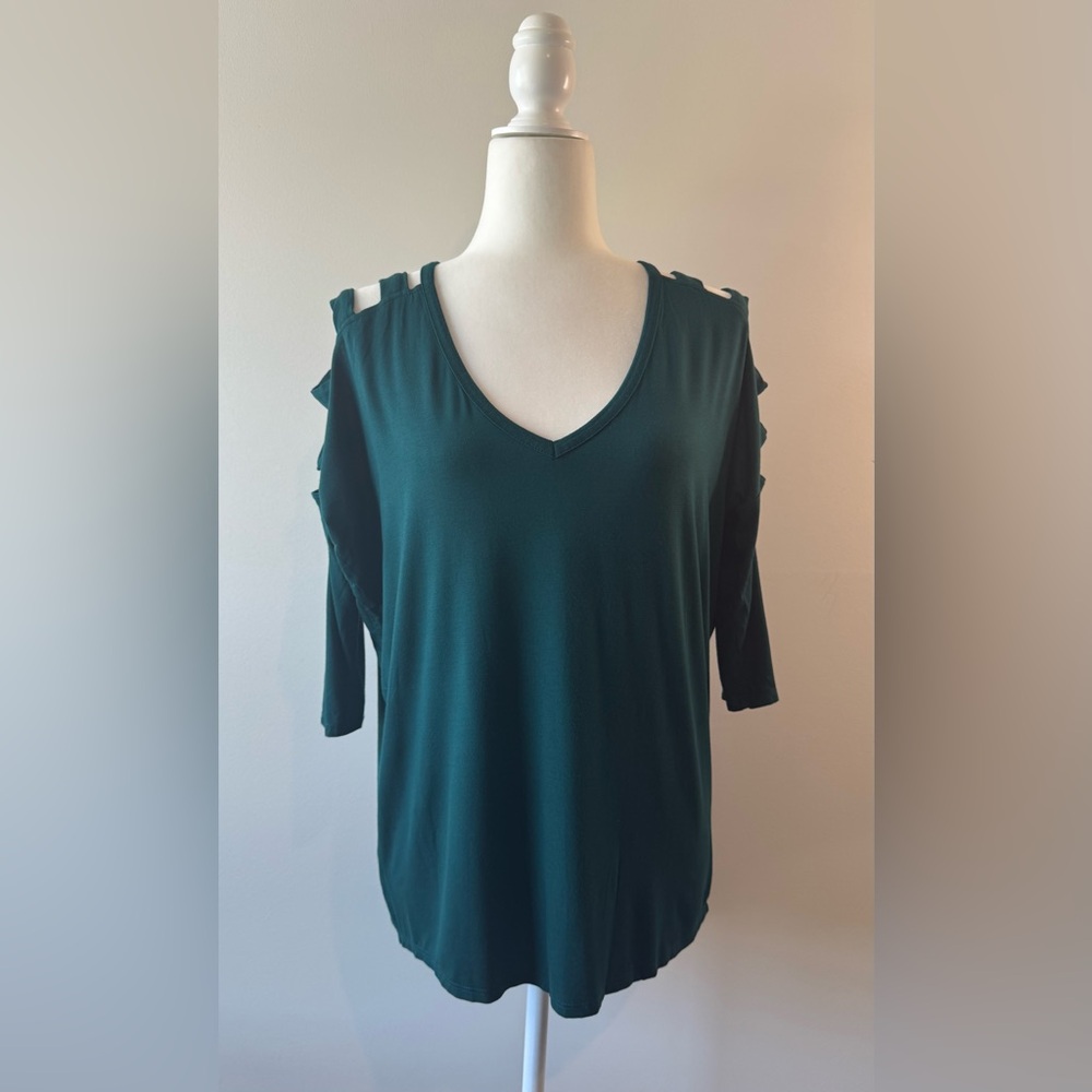 Express One Eleven Dark Teal Green Cut-Out Shoulder V Neck Top Size S